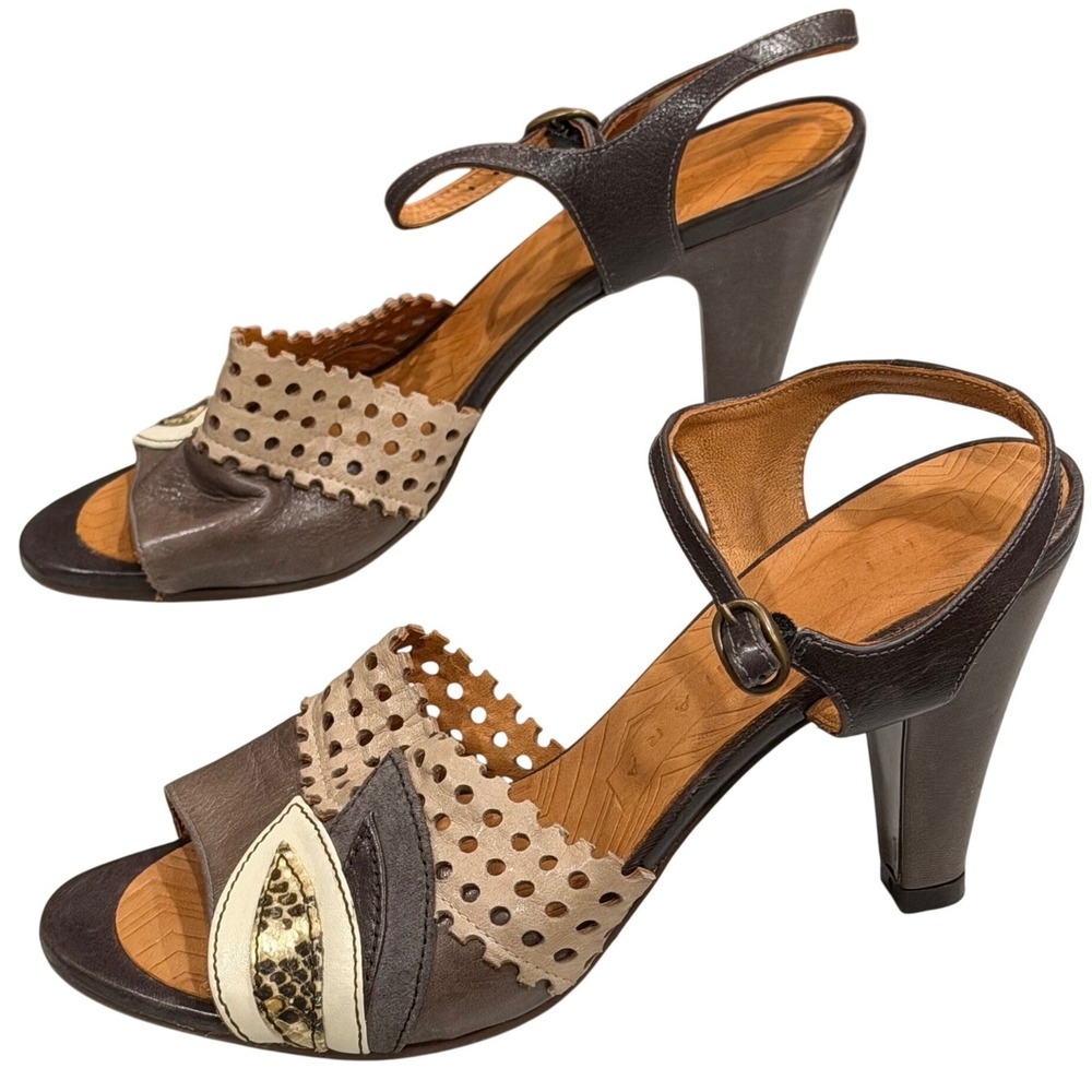 Chie Mihara Vulcano Heel Strap Sandal Womens 8.5 Brown Taupe Perforated Leather - Picture 2 of 16